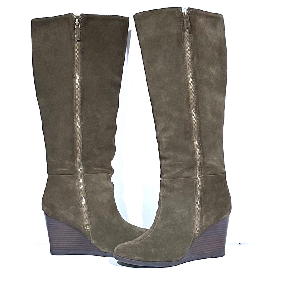 Franco Sarto Tall Suede Wedge Heel Brown Deep Green Women’s Boots Zipper Closure